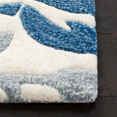 Ivory and Blue Floral Hand-Tufted Wool Runner Rug