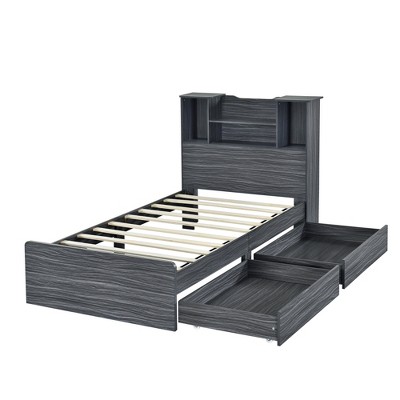 YOOCOZZ Twin Platform Bed Frame with 4 Open Shelves and 2 Drawers