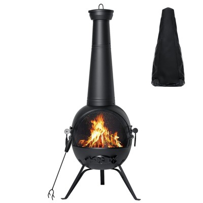 54.5" Black Painted Iron Wood-Burning Chiminea Fireplace