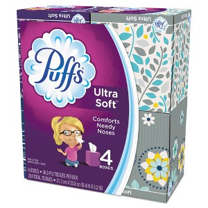 Puffs Ultra Soft Facial Tissue, 2-Ply, White, 56 Sheets/Box, 4 Boxes/Pack - 1 of 4