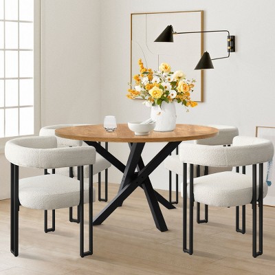 5-piece Oak Grain Round Dining Table Set for 4, Round Table with 4 Modern Design Armrest Dining Chair, Dining Room Furniture - Maison Boucle