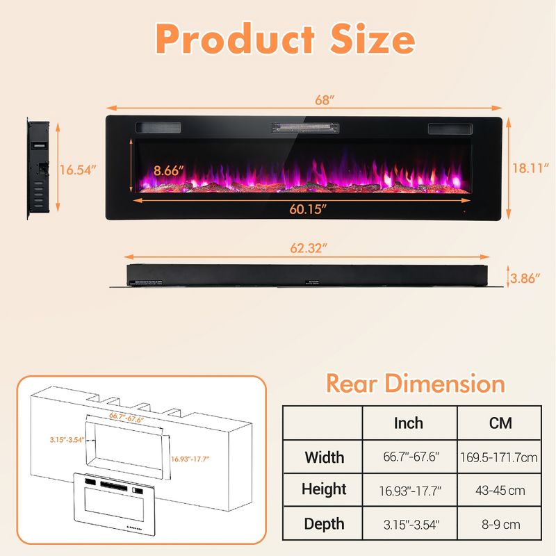 Costway 68'' Ultra-Thin Electric Fireplace Recessed Wall Mounted W/Crystal Log Decoration, 3 of 13