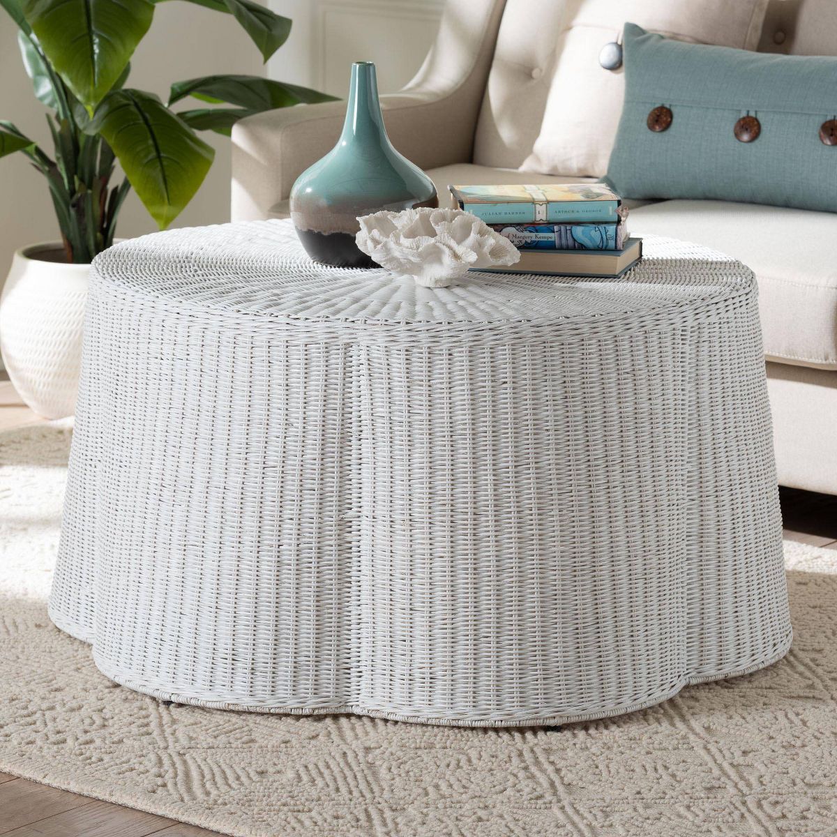 bali & pari Palm Scalloped Rattan Coffee Table Chalk White - thumbnail 3
