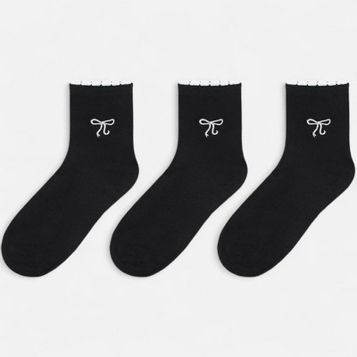 Anna-Kaci Women's Ankle Socks 3-Pack with Scalloped Cuff and Bow Embroidery in Neutral Tones
