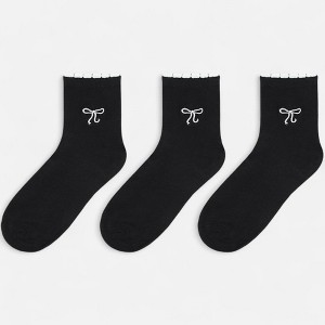 Anna-Kaci Women's Ankle Socks 3-Pack with Scalloped Cuff and Bow Embroidery in Neutral Tones - 1 of 3