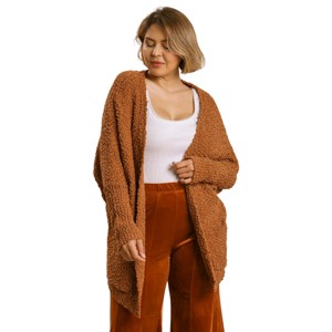 Slickblue Plus Size Women's Oversized Cardigan Sweater with Pockets, Open Front, Sunset/Camel/Black/Pink, Size XL-2XL - 1 of 4