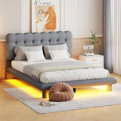 Queen/Full Size Velvet Upholstered Platform Bed with LED Frame and Button-tufted Design Headboard-ModernLuxe