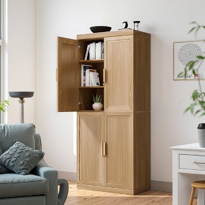 72"x31"x16" Wood Accent Cabinet in Natural Color, Storage Organizer with Adjustable Shelves for Kitchen Bedroom Entryway Living Room Dinning Room - 1 of 4