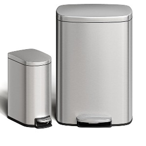 13 Gal (50L) and 2.6 Gal (10L) Metal Trash Can Combo Set, Rustproof Garbage Can with Lid, Step-on Trash Bin with Inner Bucket, Rear Handle, Silver - 1 of 1