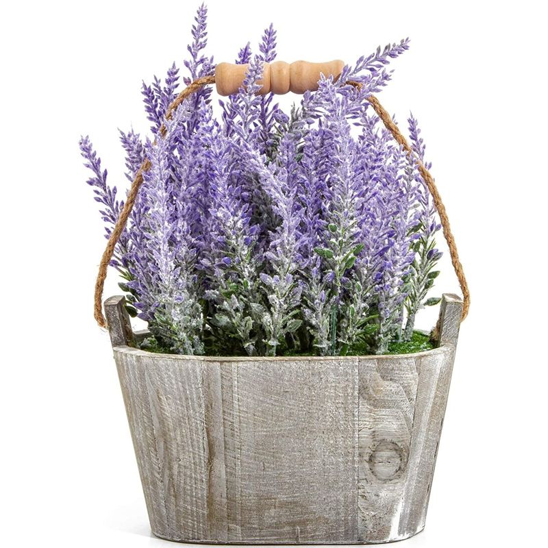 Artificial Lavender Fake Flower Plant in Rustic Oval Wooden Box for Decorations, 5 of 9