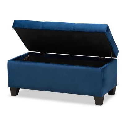 Navy Blue Velvet Tufted Storage Ottoman with Black Wooden Legs