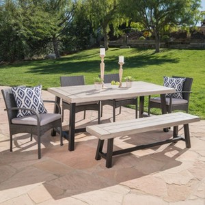 Luster 6pc Acacia Wood and Wicker Dining Set - Light Gray/Gray - Christopher Knight Home: Weather-Resistant, Galvanized Steel Hardware - 1 of 4