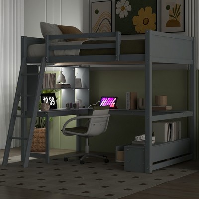 Full Size Loft Bed with L-Shaped Multi-Storage Desk, LED light and USB Charging Station - ModernLuxe