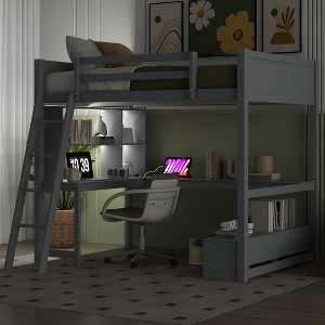 Full Size Loft Bed with L-Shaped Multi-Storage Desk, LED light and USB Charging Station - ModernLuxe - 1 of 4