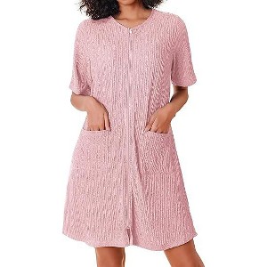 Ekouaer Women Zipper Robes Knit Short Bathrobe Lightweight House Coat with Pockets Soft Nightgown - 1 of 4