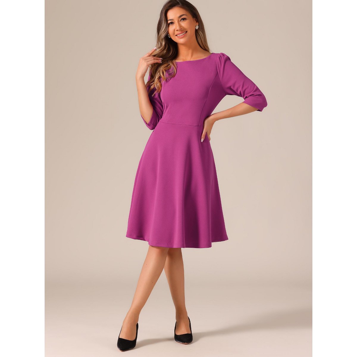 Женские платья INSPIRE CHIC Women's Boat Neck Half Sleeves Midi Flared Office Dresses Purple Small — фото 4