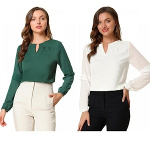 Allegra K Women's Chiffon Semi Sheer Keyhole Neck Elegant Work Blouse 2 Packs - 1 of 4