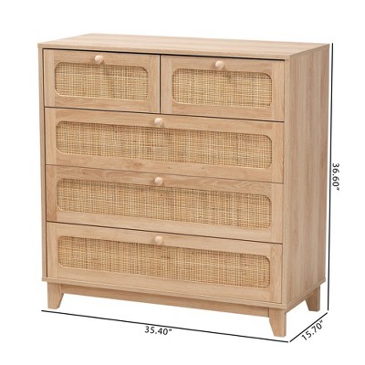Elsbeth Oak Brown Wood and Natural Rattan 5-Drawer Storage Cabinet