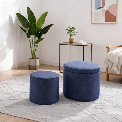 TiramisuBest Chenille Storage Ottoman 2 Piece Set 2 in 1 Round Ottoman Storage Bench Drum Stool Hidden Storage Bench Living Room