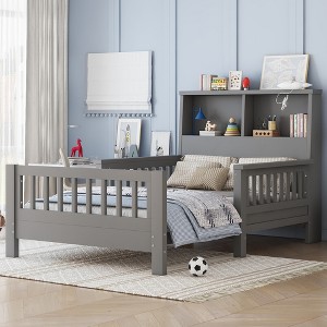 Twin Size Platform Bed Crib Bed Frame with Storage Headboard & Safety Guardrails, Pull-Out Playpen & Convertible Sofa - ModernLuxe - 1 of 4