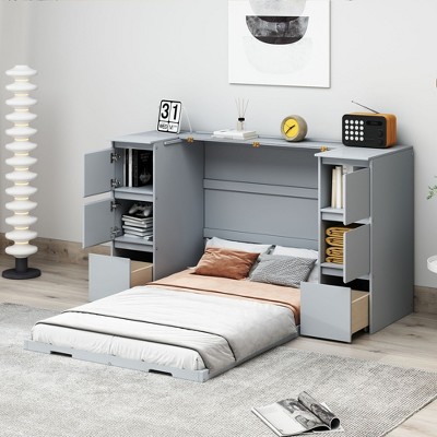 NicBex Twin Size Murphy Bed Wooden Bed Frame Morden Hideaway Wall Bed with 4 Cabinets, 2 Drawers and USB Ports for BedRoom