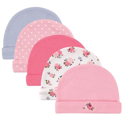 Luvable Friends Baby Girl Cotton Caps 5pk, Floral Dot, 0-6 Months : Target