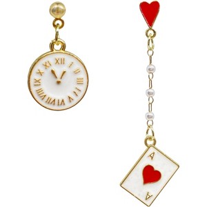 Lucky Bet Dangle Earrings - Asymmetric Heart A & Poker Clock Design for a Bold Casino Style - 1 of 4