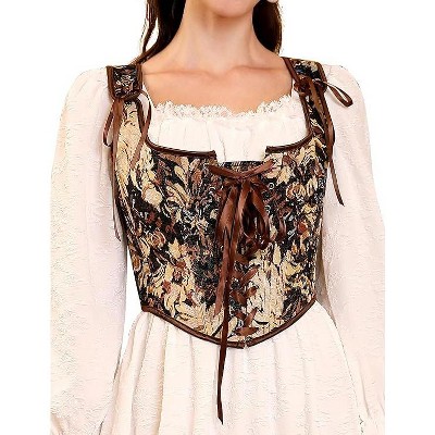 Acekool Women’s Vintage Floral Corset Lace-Up Vest, Vintage Pirate-Inspired Bustier with Embroidered Print