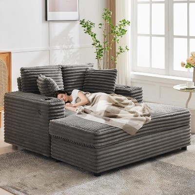 60" Oversized Chaise Lounge Chair, Corduroy Sleeper Sofa with USB Charging & Cup Holder, Armrests & Pillows for Living Room, Bedroom