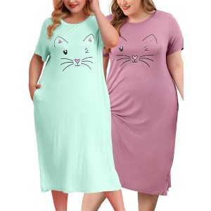 Agnes Orinda Women's Plus Size Cute Cat Print Short Sleeve with Pockets Nightgowns - 1 of 4