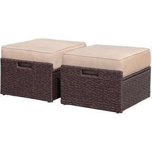 SUGOLD Outdoor Wicker Ottoman Set of 2, All-Weather Rattan Footrests with Thick Cushions, Patio Footstool Seats - 1 of 2