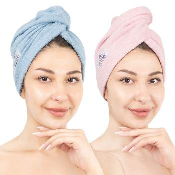 American Soft Linen 100% Cotton Hair Drying Towels for Women, 2 Pack Head Towel Cap, Cotton Hair Turban Towel Wrap