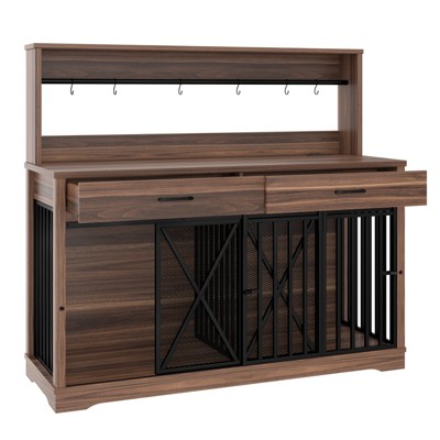 VisioGear Dog Crate with 2 Storage Drawers and Shelves, Side End Table for 2 Dogs with Divider Locks, Brown, 55.1"*23.6"*55.25"