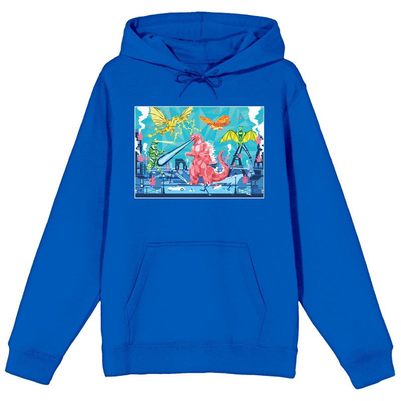 Godzilla Classic Pink Godzilla & Flying Dinosaurs Long Sleeve Royal Blue Adult Hooded Sweatshirt, 1 of 4