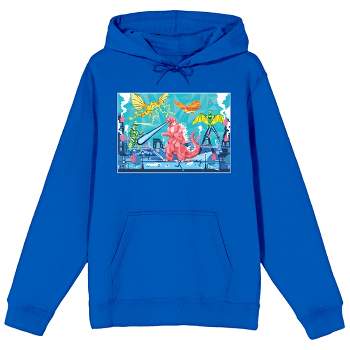Godzilla Classic Pink Godzilla & Flying Dinosaurs Long Sleeve Royal Blue Adult Hooded Sweatshirt