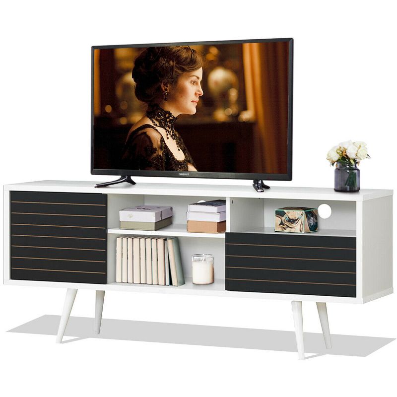 Costway Modern TV Stand/Console Cabinet 3 Shelves Storage Drawer Splayed Leg Black/White, 1 of 11