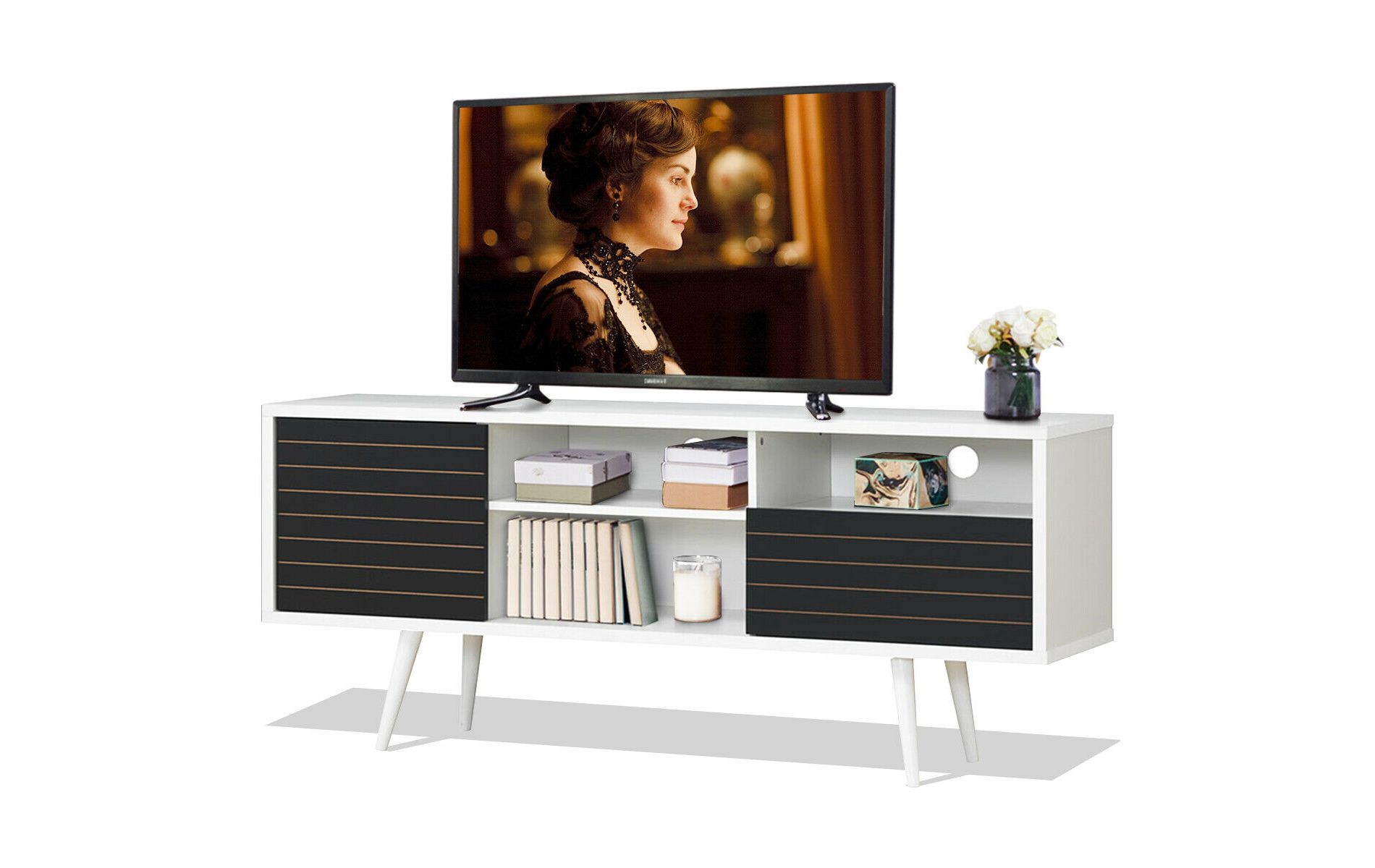 Costway Modern TV Stand/Console Cabinet 3 Shelves Storage Drawer Splayed Leg Black/White