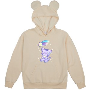 Kawaii Cat Shooting Star Youth Off-White Long Sleeve Hooded Sweatshirt With 3D Bear Ears - 1 of 3