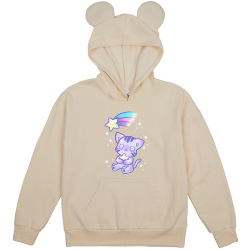 Kawaii Cat Shooting Star Youth Off-White Long Sleeve Hooded Sweatshirt With 3D Bear Ears - image 1 of 3