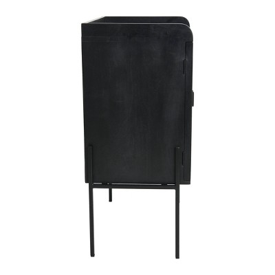 Black and Natural Solid Wood Bar Cabinet with Woven Cane Doors