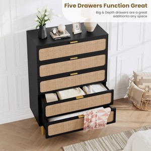 Rattan 5-Drawer Tall Dresser with Wide Top, Deep Storage Chest for Bedroom, Living Room, Closet, Natural Wood Finish - 1 of 4