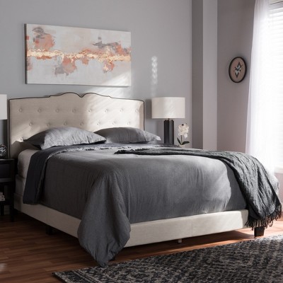Light Beige Upholstered Full Bed with Tufted Headboard and Drawers