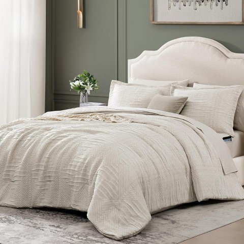 Der Rose BALHAM TRADE-7 Piece Charcoal Grey Queen Comforter Set, Textured Design Grey Crinkle Bed in A Bag Beige-Queen 90"x90"