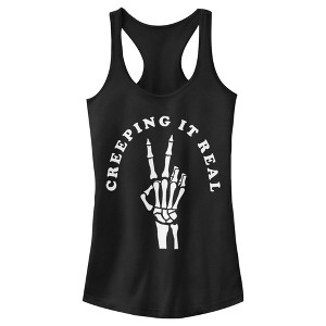 Juniors Womens CHIN UP Halloween Creepin' Real Skeleton Racerback Tank Top - 1 of 4