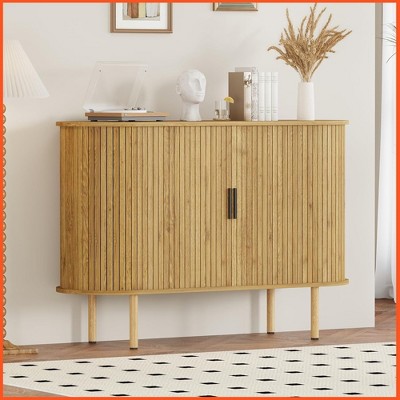 47" Fluted Sideboard Buffer Cabinet with Sliding Doors, Modern Wood Accent Storage Cabinet with Adjustable Shelves