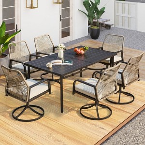 EROMMY 7pcs All-Weather Outdoor Dining Set, 6 PE Woven Rattan Swivel Chairs with UV-Resistant Cushions & Powder-Coated Steel Slat Table - 1 of 4