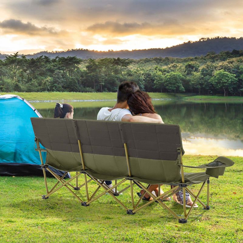 Costway 3 Person Folding Camping Chair Heavy-Duty Camp Couch with 2 Cup Holders Padding Blue/Green, 2 of 11