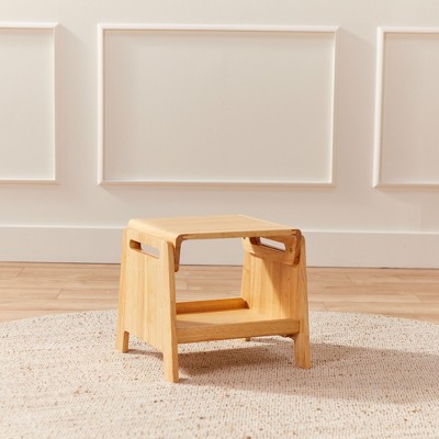 Natural Rubberwood Rolling Sit or Step Stool with Storage