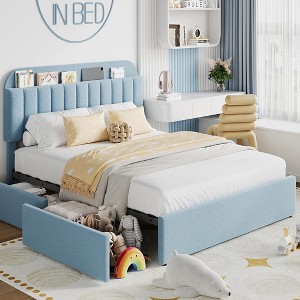 Bed Frame, Boucle Upholstered Platform Bed Frame with with 2 Flexible Drawers& Bookcase Headboard for Kids/Girls - 1 of 4