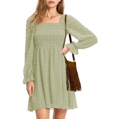 EXLURA Women's 2025 Summer Long Sleeve Party Swiss Dot Dress Smocked Ruffle Cocktail Mini Dresses